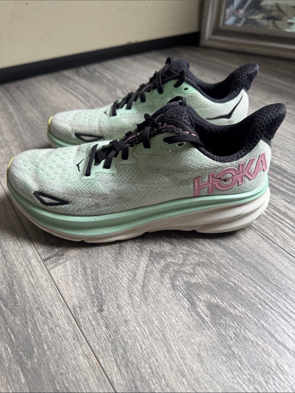 Hoka Clifton9  Womens Mint Green and Black Running Shoes with Pink Logo
